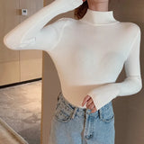 Autumn Long Sleeve  Women's Sweaters Thin Turtleneck Stretch Matte Blue Knitted Pullover Sweater Tops  Free Size LANFUBEISI