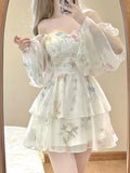 French Elegant Floral Mini Dress Chiffon Long Sleeve Evening Party Dress Women Holiday Beach Boho Fairy Dress Korean 2023 Robes LANFUBEISI