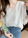 LANFUBEISI New Summer Short Sleeve Blouse Women V-Neck White Chiffon Women Blouse Shirt Tops Blouses Blusas Mujer De Moda 2024 Verano