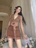 Deeptown Y2K Mesh Ruffles T-shirt Women 2024 Summer Flare Sleeve Bandage Crop Top Beach Casual Vacation Blouses LANFUBEISI