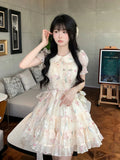 Japanese Kawaii Retro Mini Dress Women Casual 2000s Vintage Y2k Lolita Even Party Floral Dress Female Chic Summer Short Sleeve LANFUBEISI