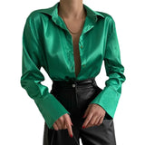 Satin Shirt Women's Polo Collar Office Lady blouse Vintage Blue Green Silk Shirt Loose Button Up Down Shirts Black Fashion Tops LANFUBEISI