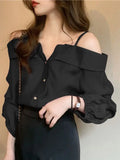 ZANZEA 2023 Fashion Shirts Women Sexy Off Shoulder Blouse Summer Casual Straps Button Tops Long Sleeve Pleated Solid Loose Tunic LANFUBEISI