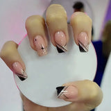 24Pcs Short Square Coffin False Nails Fake Nail with Glue French Glitter Wearable Ballet Design Nails Set Press on Nail Tips LANFUBEISI