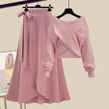 Spring/Summer Set Women's New Large Women's Korean Slim Cross Sweater High Waist Half Skirt Two Piece Set Fashion LANFUBEISI