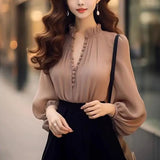 Office Lady Elegant V-Neck Shirt Button Spring Autumn Fashion Folds Spliced Women's Clothing Korean Solid Color All-match Blouse LANFUBEISI