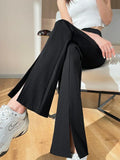 Plus Size Slit Front Black Flare Pants for Women Korean Style Casual Office Lady Business Work Trousers High Waist Suit Pants LANFUBEISI