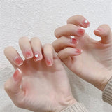 24Ps/Set Medium Long French Fake Nails Bow Japan Nude Pink with Pearls Artificial Acrylic Press on Nails Removable Stick on Nail LANFUBEISI