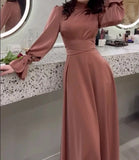 Long Dress New in Spring Fashion Satin Long Sleeves Elegant Robe Dress with Waist High Neck for Women's Commuting Evening Dress LANFUBEISI