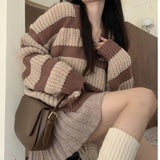 Vintage Brown Striped Sweater Women Harajuku Oversize Pullover Jumper Preppy Jerseys Casual Knitted Tops LANFUBEISI