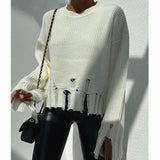 Female Ripped Sweater Women Long Sleeve Solid Knitted Tops Pullovers Sweaters Jumpers LANFUBEISI