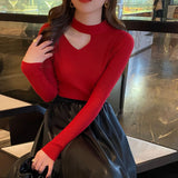 Women Sexy Halter Neck Hollow Out Sweater Solid Full Sleeve Slim Spring Autumn Bottoming Knitted Tops LANFUBEISI