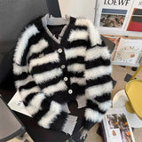 Sweater Cardigans Imitate Mink Wool Striped Woman Top Autumn Winter Knitted Korean Oversize Long Sleeve Elegance Sweet OL Casual LANFUBEISI