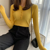 Knitted Women Sweater Button O-neck Pullovers Spring Autumn Basic Sweaters for Female Pullover Slim Solid Bold Stripes Tops LANFUBEISI