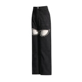 Rhinestones Embroidered  Flares Jeans For Women High Waist Patchwork Button Hollow Out Summer Wide Leg Pants Female Fashion New LANFUBEISI