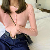 Women Sweaters Cute Button Up O-Neck Long Sleeve Pullovers Autumn Knitted Bottoming Shirts Korean Single Breasted Undercoat Tops LANFUBEISI