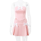 Japanese Style Kawaii Bow 2 Piece Set Strapless Tube Tops + Mini Pleated Skirt Sexy Backless Tie Up Crop Tops Women Y2K Outfits LANFUBEISI