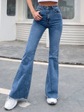 Benuynffy Button Fly Women's Raw Hem Flare Jeans Autumn Fashion Woman Denim Pants Jean Femme High Waist Full Length Slim Jeans LANFUBEISI