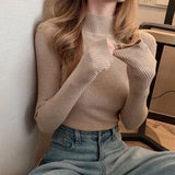 Autumn Long Sleeve  Women's Sweaters Thin Turtleneck Stretch Matte Blue Knitted Pullover Sweater Tops  Free Size LANFUBEISI