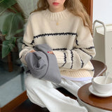 Women Sweater Casual Pullovers Autumn Winter Basics Knitted Korean Loose Striped O-neck Long Sleeve Elegance Sweet LANFUBEISI