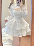 Japanese Kawaii Lolita Dress Women Elegant Sweet Lace Ruffles White Strap Dresses Sexy Korean Fashion Birthday Party Fairy Dress LANFUBEISI