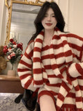 Furry Chic Winter Pullovers Women Red Striped Sweet Soft Knitted Girls Classic Basic Vintage Sweaters All-match O-neck Aesthetic LANFUBEISI