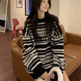 Oversized Sweater Women Autumn Vintage Streetwear Striped Loose Long Sleeve Pullover Harajuku All Match Casual Midi Jumpers LANFUBEISI