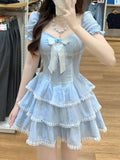 LANFUBEISI DRESS TO IMPRESS 2024 Summer Sweet Kawaii Blue Plaid Dress Woman Lolita Lace Y2k Mini Dress Short Party Elegant One Piece Dress Korean Fashion