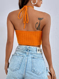 New Summer Women Cut Out Tie Backless Halter Neck Knit Crop Top Femme Sleeveless Sexy High Stretch Cropped Sweater Tank Clothes LANFUBEISI