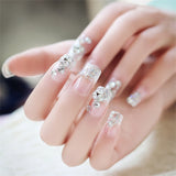 24Ps/Set Medium Long French Fake Nails Bow Japan Nude Pink with Pearls Artificial Acrylic Press on Nails Removable Stick on Nail LANFUBEISI