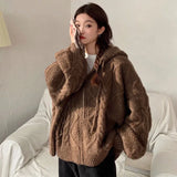 Vintage Brown Women Knitted Cardigan Autumn Winter Hooded Twist Sweater Woman Long Sleeve Zipper Crochet Outerwear V754 LANFUBEISI