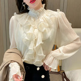 Vintage Ruffles Clothes Elegant Lace Blouse Women Spring Stand Collar White Chiffon Shirt 2023 Long Puff Sleeve Loose Tops 12946 LANFUBEISI