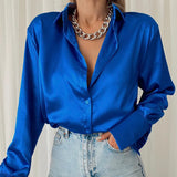 Satin Shirt Women's Polo Collar Office Lady blouse Vintage Blue Green Silk Shirt Loose Button Up Down Shirts Black Fashion Tops LANFUBEISI