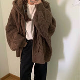 Vintage Brown Women Knitted Cardigan Autumn Winter Hooded Twist Sweater Woman Long Sleeve Zipper Crochet Outerwear V754 LANFUBEISI