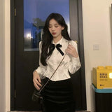 LANFUBEISI White Shirts Woman Kawaii Lace Lolita Blouses Sweet Tunics Fairycore Peter Pan Coller Crop Long Sleeve Tops Preppy Korean