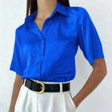 Satin Shirt Women's Polo Collar Office Lady blouse Vintage Blue Green Silk Shirt Loose Button Up Down Shirts Black Fashion Tops LANFUBEISI