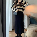 Knitted Sweater and Dress Set for Women Elegant Stripe Outfit V Neck Top Korean Fashion Casual Dress Autumn Winter New 2 Pcs LANFUBEISI