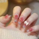 24Ps/Set Medium Long French Fake Nails Bow Japan Nude Pink with Pearls Artificial Acrylic Press on Nails Removable Stick on Nail LANFUBEISI