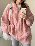 HOUZHOU Korean Fashion Knit Cardigan Women 2022 Autumn Winter Casual Loose Zipper Hooded Thick Sweater Coat Long Sleeve Pink Top LANFUBEISI