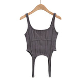 Fishbone Thread Safari Style Vest Irregular Hook Bottomed Shirt for Women Square Neck Sexy Sleeveless Sort Tops LANFUBEISI