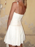 IAMSURE Casual Slim  A-Line Pleated Dress Solid Corset-Liked Slash Neck Sleeveless Mini Dresses For Women 2023 Summer Fashion LANFUBEISI