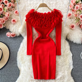 YuooMuoo Chic Fashion 3D Flower Women Dress 2023 New Autumn Winter Elegant Off Shoulders Full Sleeve Knit Bodycon Party Dress LANFUBEISI