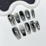 10Pcs Black Handmade Press On Nails Coffin Fake Nails Full Cover Gradient Metal Contrast Artificial Manicure Wearable Nail Tips LANFUBEISI