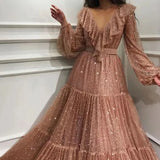 Fashion Mesh Gilded Long Sleeve Swing Evening Dresses New Spring Ruffle Patchwork Pleated Gown Dress Women Pink Princess Dress LANFUBEISI