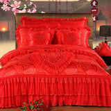 LANFUBEISI Red Pink Luxury Lace Wedding Bedding Set King Queen Size Princess Bed Set Jacquard Embroidery Duvet Cover Bedspread Bed Sheet LANFUBEISI