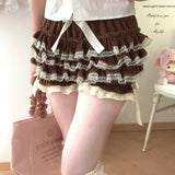 Autumn Winter Warm Lolita Safety Short Pants Women Sweet Chic Plush Bloomers Japanese Y2k Lace Bow Knickers Harajuku Cute Shorts LANFUBEISI