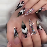 LANFUBEISI 24Pcs Almond False Nails with Rhinestone Long Stiletto Fake Nails Gold Glitter Powder Design Press on Nails Full Cover Nail Tips