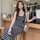 Women Retro Stripe Knitted Dress Sleeveless Slim Dresses Bodycon Korean Dresss LANFUBEISI