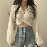 LANFUBEISI Vintage Streetwear Harajuku Sexy Women Blouse Crop Top Korean Style Trends Black White Long Sleeve Shirt Female Tunic Chic