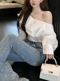 Korean Fashion White Shirts Women Spring Long Sleeve Slash Neck Casual Blouses Elegant Off Shoulder Ruffles Ladies Tops Blusas LANFUBEISI